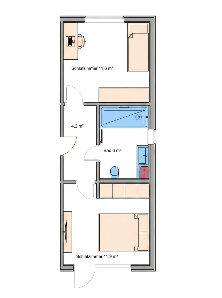 Grundriss Edmonton mit Modul A – zwei Schlafzimmer (11,6 m² und 11,9 m²) und zusätzliches Bad mit Badewanne (6 m²)