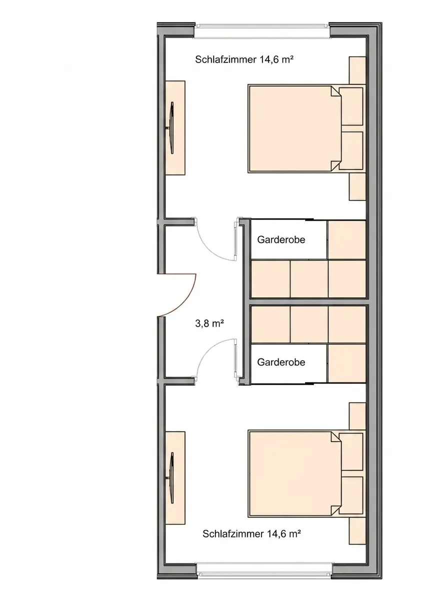 Grundriss Edmonton mit Modul B – zwei großzügige Schlafzimmer (je 14,6 m²) mit eigener Garderobe und Flur (3,8 m²)