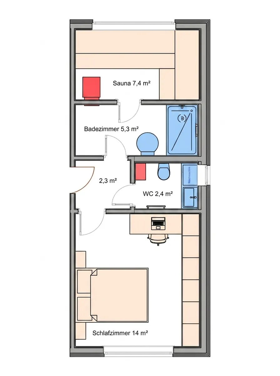 Grundriss Edmonton mit Modul C – Wellness-Erweiterung mit Sauna (7,4 m²), Badezimmer (5,3 m²), separatem WC (2,4 m²) und Schlafzimmer (14 m²)