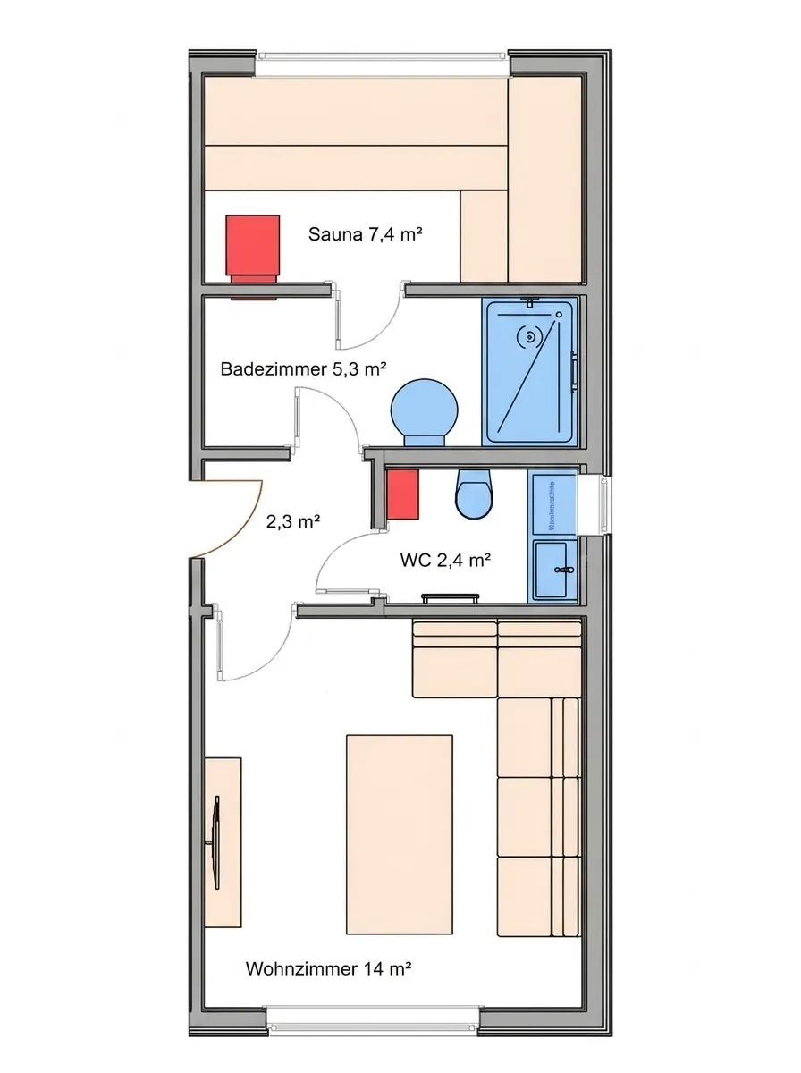 Grundriss Edmonton mit Modul D – Wellness-Erweiterung mit Sauna (7,4 m²), Badezimmer (5,3 m²), separatem WC (2,4 m²) und zusätzlichem Wohnzimmer (14 m²)