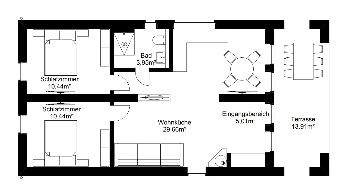 Grundriss Montreal – zwei Schlafzimmer (je 10,4 m²), Wohnküche (29,7 m²), Bad, Eingangsbereich und Terrasse (13,9 m²) auf 62,7 m²