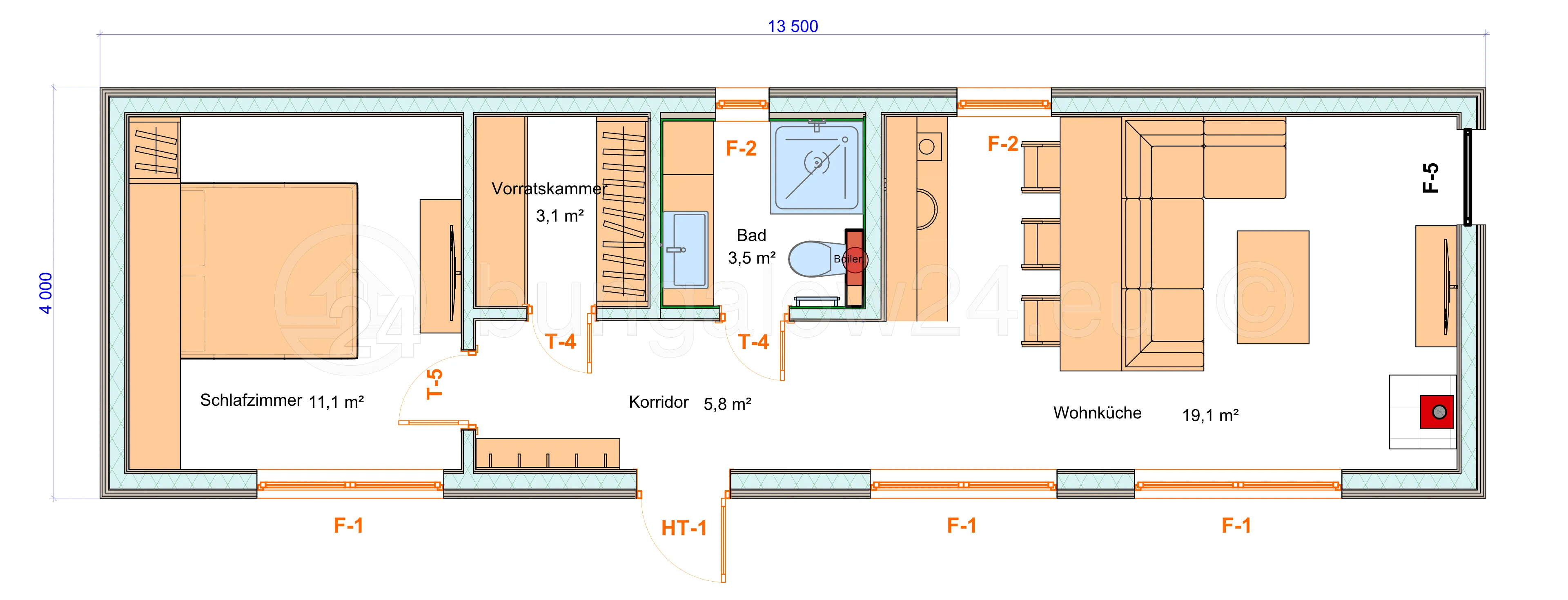 Grundriss Halifax – Wohnküche, Schlafzimmer, Bad und Vorratskammer auf 54 m²