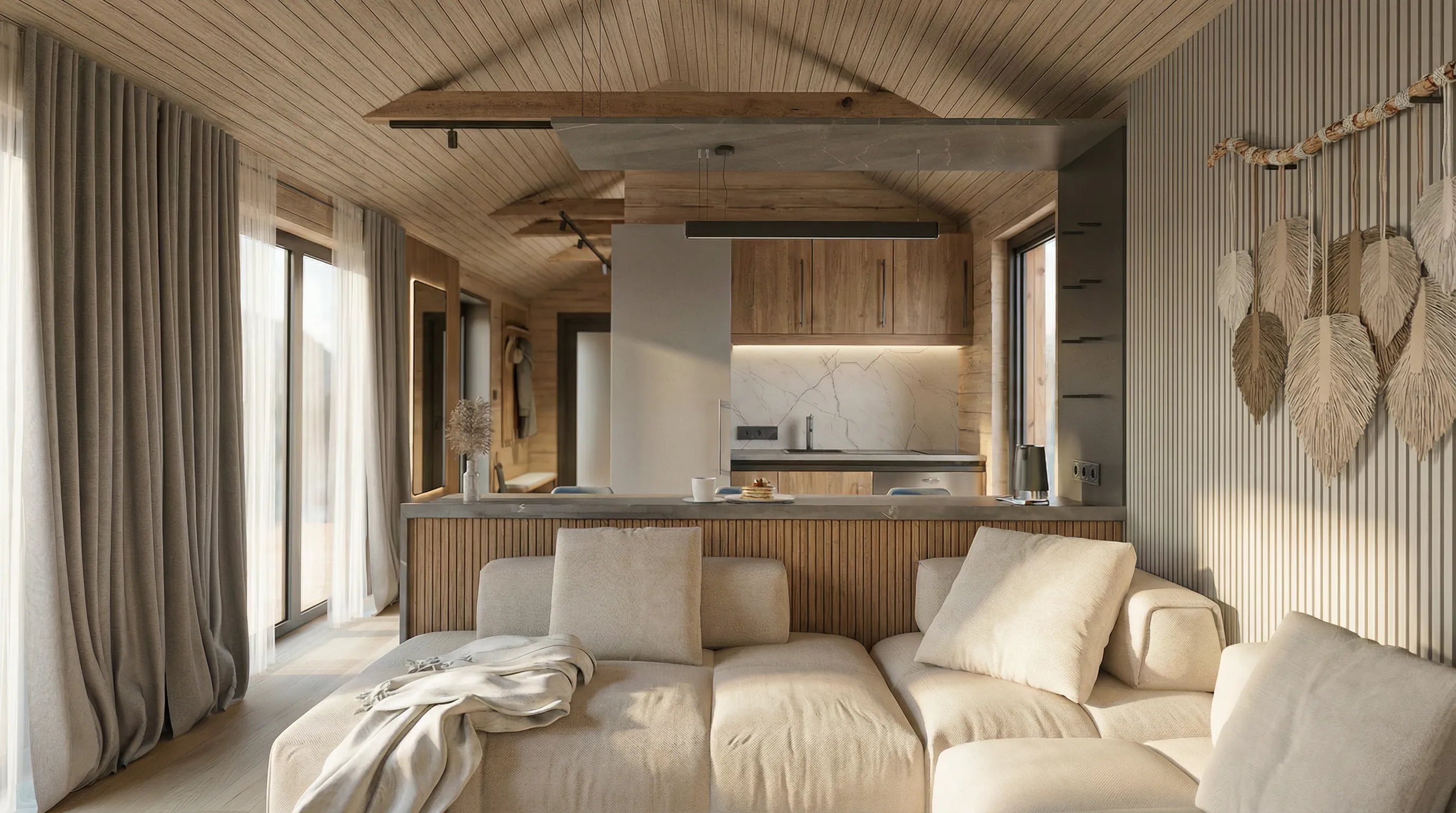 Halifax Wohnzimmer – Creme-Sofa, offene Küche und Satteldach mit Naturmaterialien
